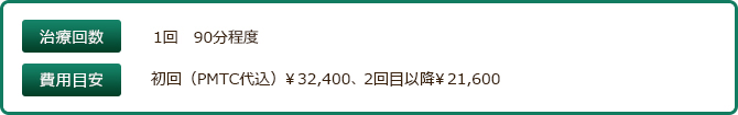 治療回数　1回90分程度　費用目安　初回（PMTC代込）￥31,500、2回目以降￥21,000